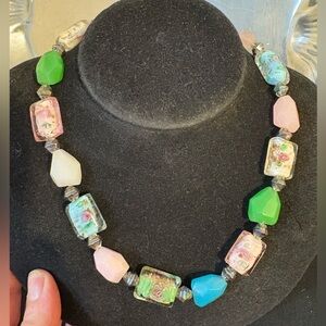 Vintage glass bead necklace pink rose green